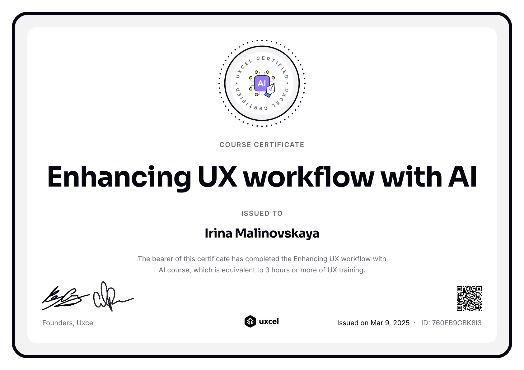 Irina Malinovskaya's certificate